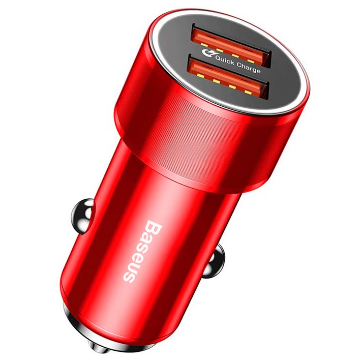 фото Автомобильное зарядное устройство быстрое QC 3.0 2xUSB Baseus Small Screw - Красное (CAXLD-B09)
