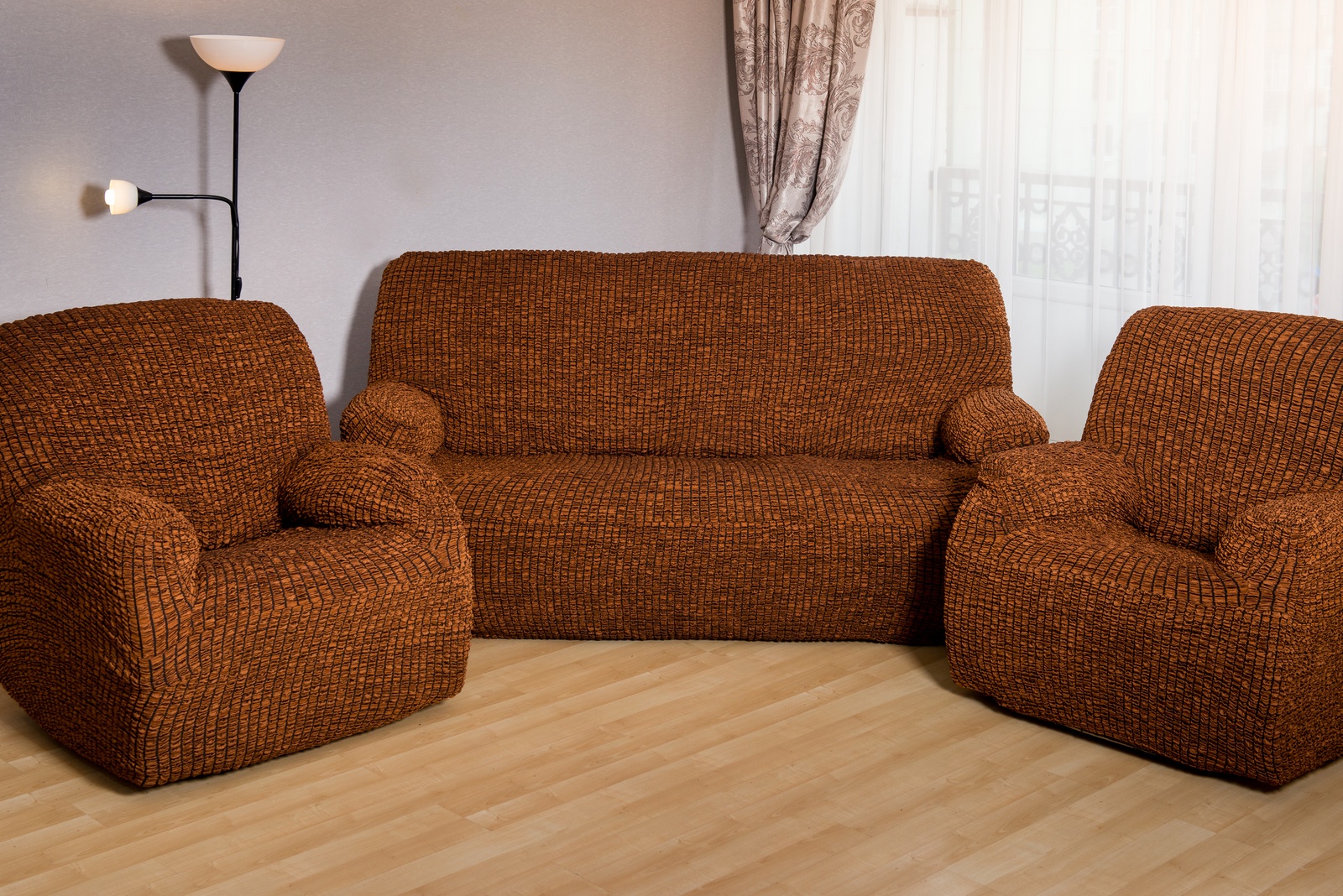 фото Еврочехол KARBELTEX на Диван+2 Кресла, оранжево-коричневый