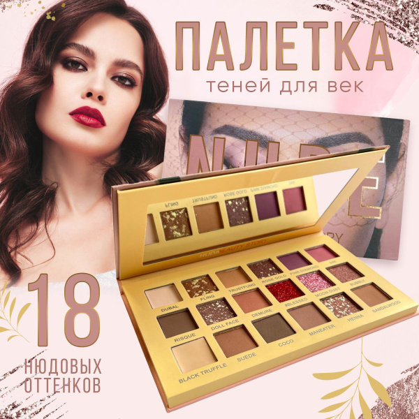 Тени для век палетка матовые нюдовые с блёстками глиттером NUDE beauty 18 оттенков для