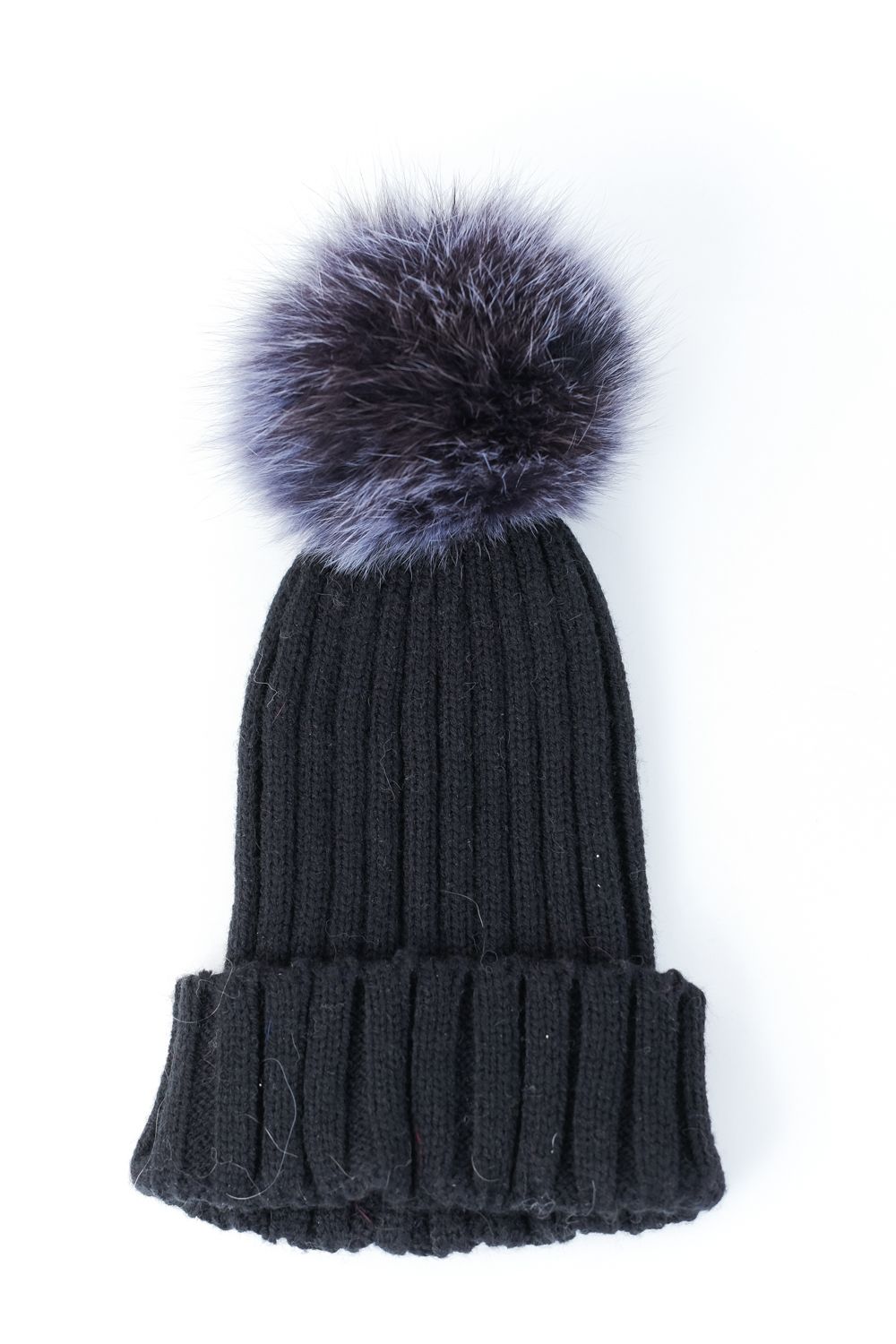 фото Шапка детская вязаная с меховым помпоном черная / шапка детская для девочки carolon