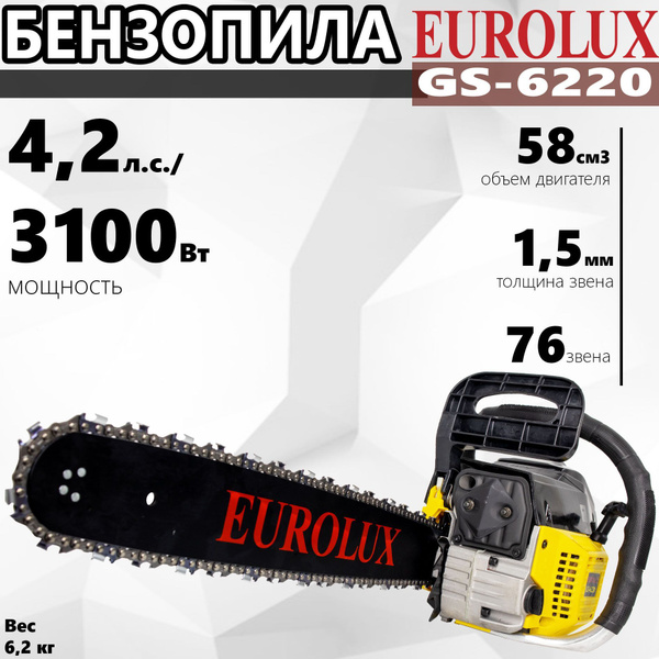 Бензопила EUROLUX GS 6220 3 1кВт 4 2лс шина 20 купить с