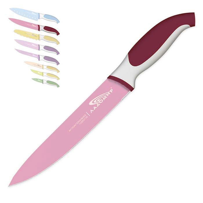 фото Нож для нарезки "Ладомир", с антибактериальным покрытием, цвет: бордовый, длина лезвия 20 см