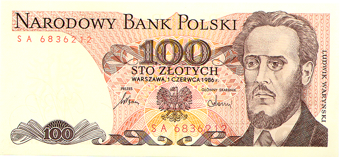 Банкнота номиналом 100 злотых. Польша. 1986 год