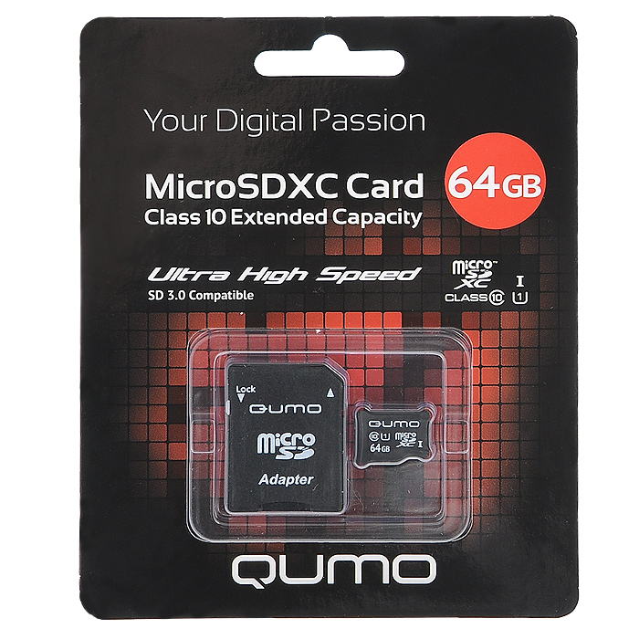 фото Карта памяти Qumo microSDXC Class 10 UHS-I 64GB + SD adapter