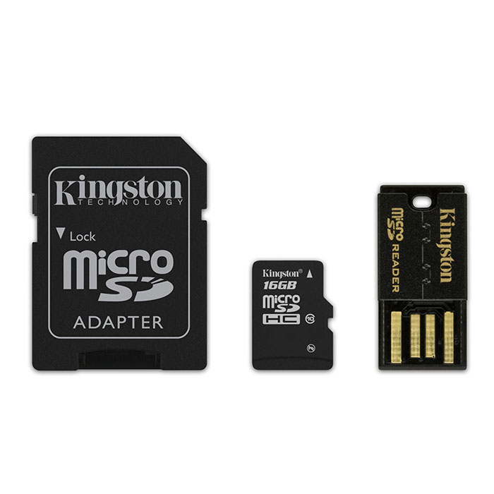 фото Kingston microSDHC Class 10, 16GB карта памяти + SD адаптер + USB reader