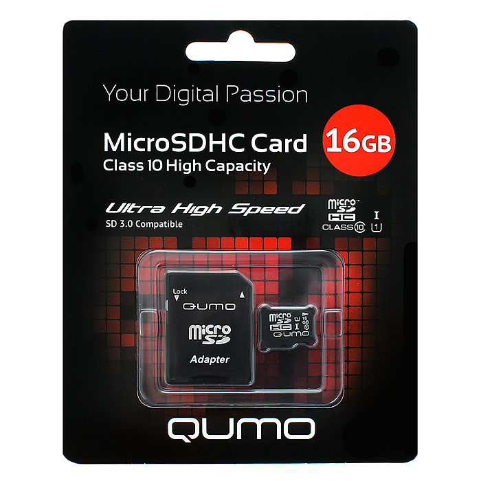 фото QUMO microSDHC Class 10 UHS-I 16GB карта памяти + адаптер SD
