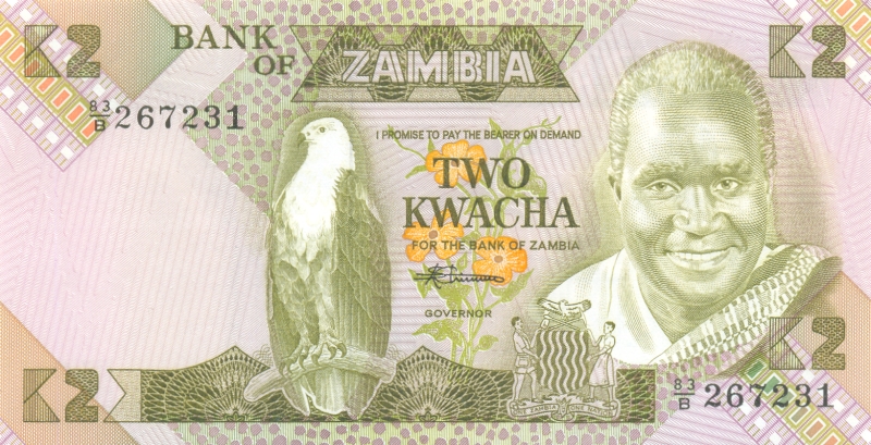 Банкнота номиналом 2 квача. Замбия. 1980-1988 гг.