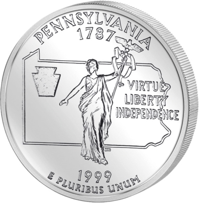 фото Монета номиналом 25 центов серии "Штаты и территории США. Пенсильвания". Медно-никелевый сплав. США, 1999 год United states mint