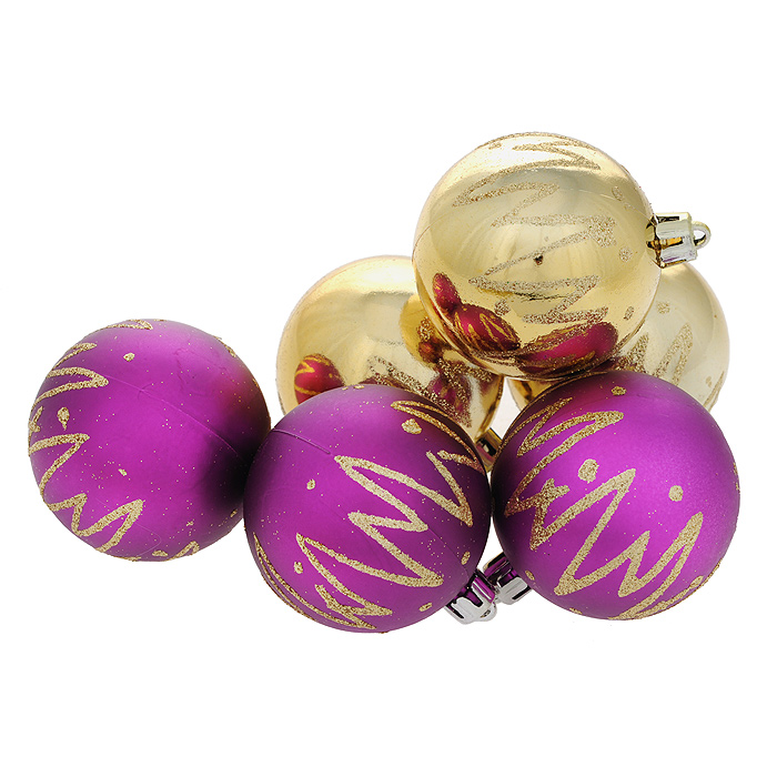 фото Набор новогодних подвесных украшений "Шар", цвет: золотистый, фиолетовый, диаметр 6 см, 6 шт. 35519 Феникс-презент