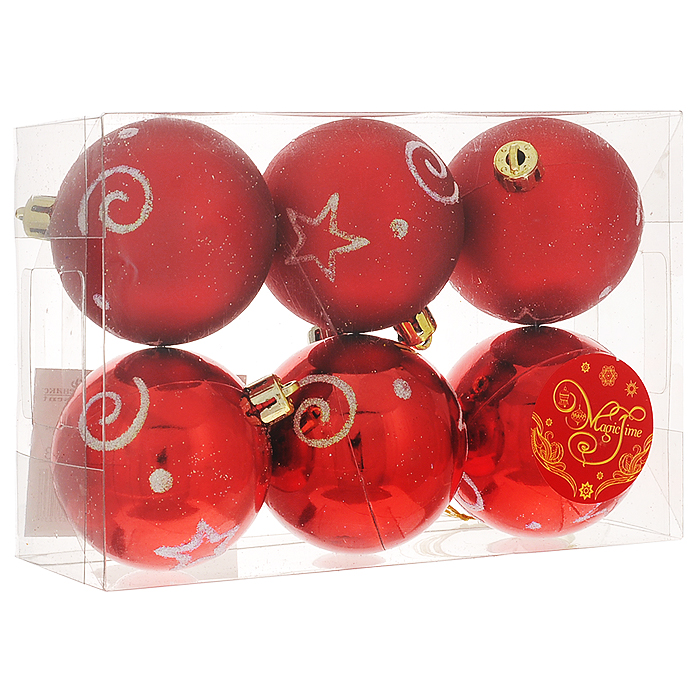 фото Набор новогодних подвесных украшений "Шар", цвет: красный, серебристый, диаметр 6 см, 6 шт. 35503 Феникс-презент