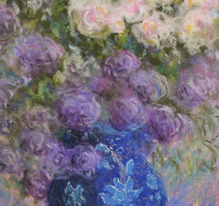 фото Картина "Синяя японская ваза с розами" ("Vase bleu japonais avec roses"), натюрморт. Художник Родольф Планкетт. Пастель. Франция, 1998 год