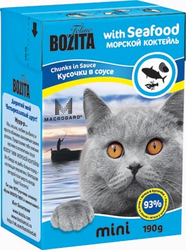 фото Консервы для кошек "Bozita mini", мясные кусочки в желе в соусе, с морским коктейлем, 190 г