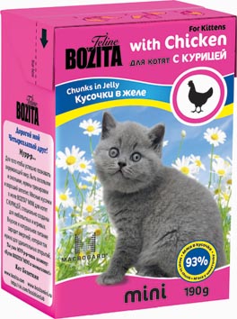 фото Консервы для котят "Bozita mini", мясные кусочки в желе, с курицей, 190 г