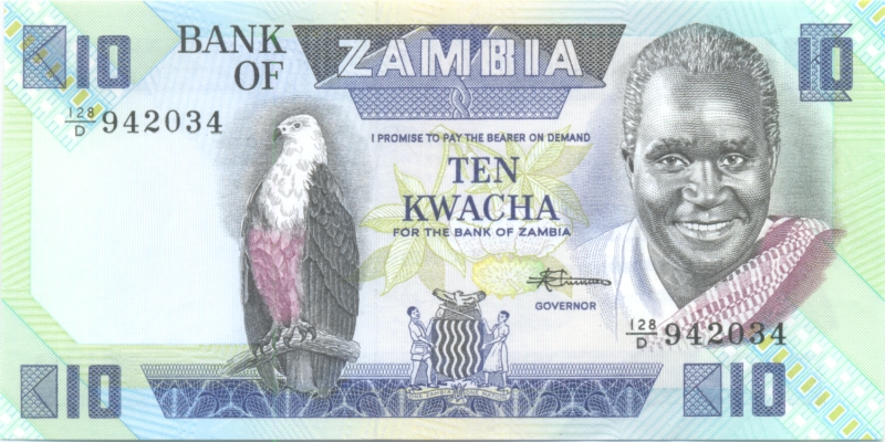 Банкнота номиналом 10 квача. Замбия. 1980-1988 гг.