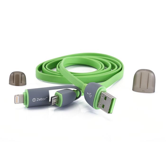 фото Zetton ZTLSUSB2IN1 USB кабель с разъемами Apple 8 pin/Micro-USB, Green