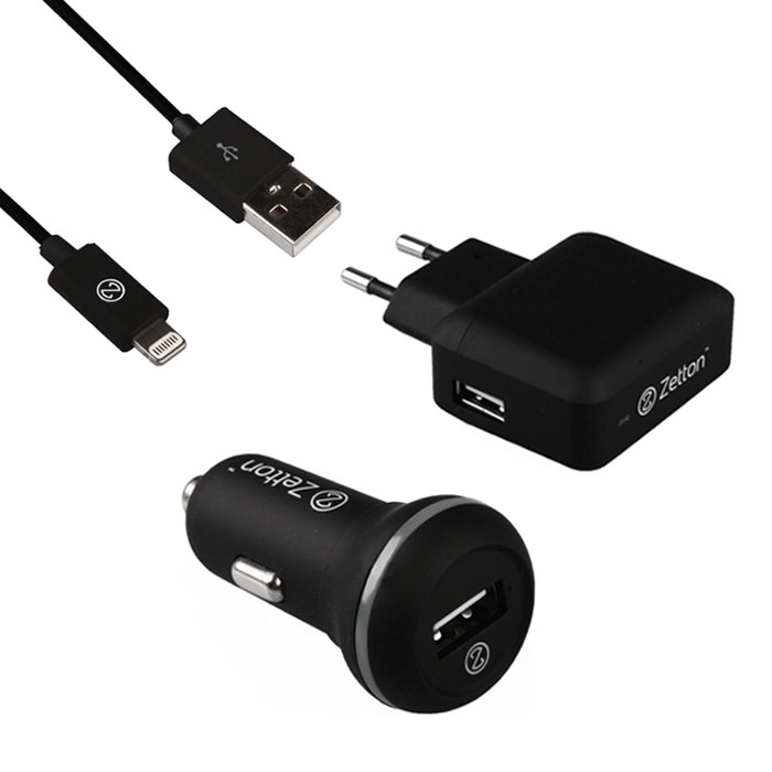 фото Zetton ZT3IN12A1UA8 3 в 1: АЗУ USB 2,1А + СЗУ USB 2,4А + кабель Apple 8 pin