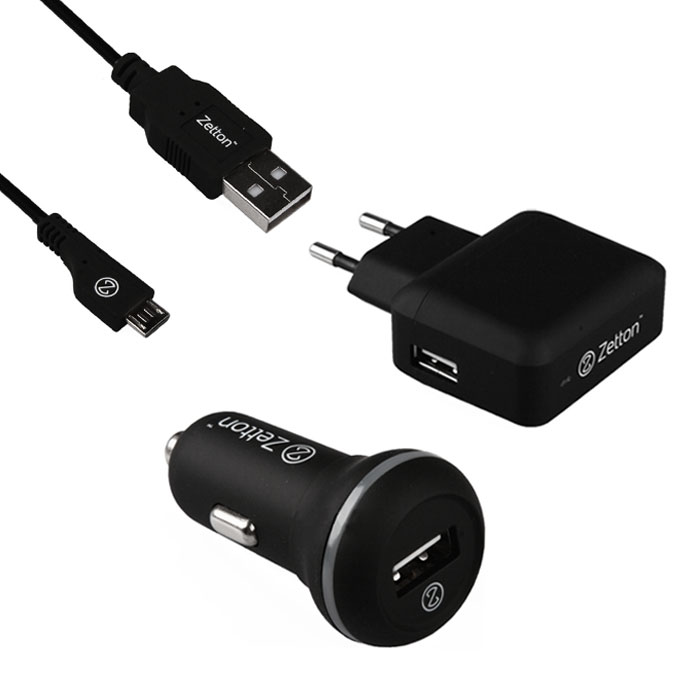 фото Zetton ZT3IN12A1UMC 3 в 1: АЗУ USB 2,1А + СЗУ USB 2,4А + кабель Micro USB