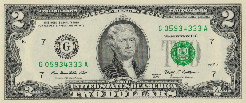 Банкнота номиналом 2 доллара. США. Чикаго. 2009 год