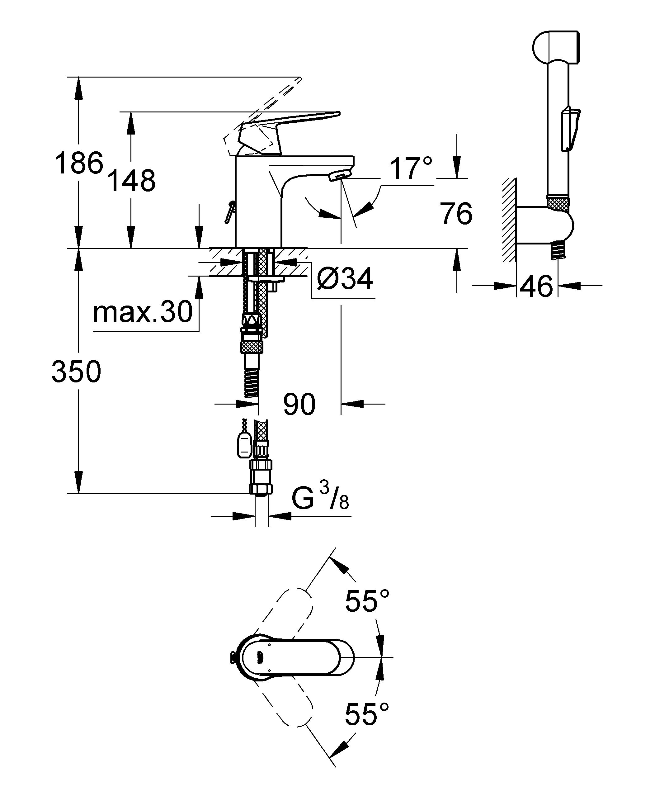 фото Смеситель для раковины GROHE "Eurosmart Cosmopolitan" с гигиеническим душем (23125000)