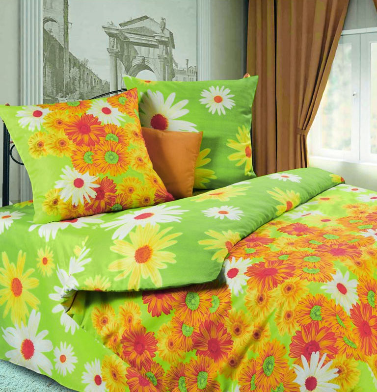 фото Комплект белья Diana P&W "Герберы", 2-спальный, наволочки 70х70, цвет: желтый, оранжевый, зеленый