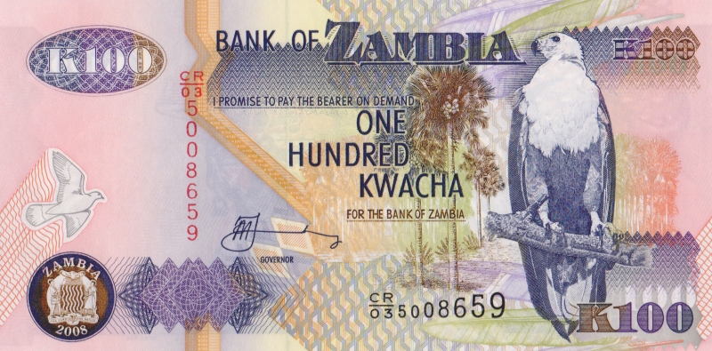 Банкнота номиналом 100 квача. Замбия. 2008 год