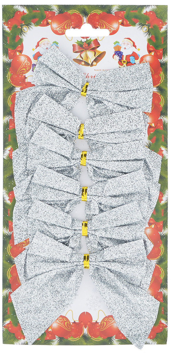 фото Набор новогодних украшений Феникс-Презент "Бант", цвет: серебряный с блеском, 6 шт
