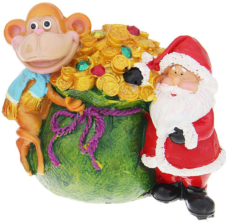 фото Копилка декоративная Sima-land "Мартышка и Дед Мороз с мешком денег", цвет: зеленый, красный, оранжевый