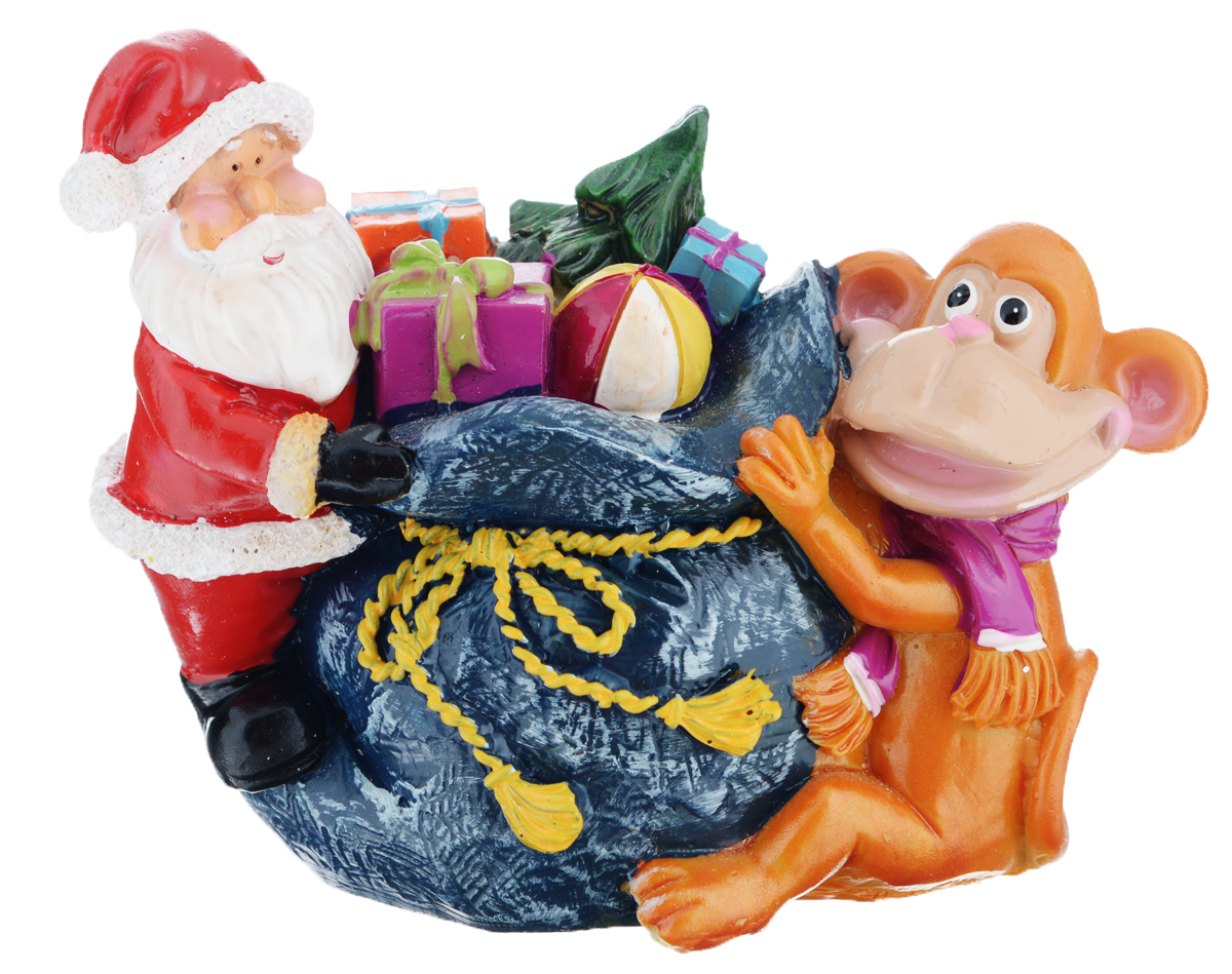 фото Копилка декоративная Sima-land "Мартышка и Дед Мороз с мешком подарков", цвет: синий, красный, коричневый
