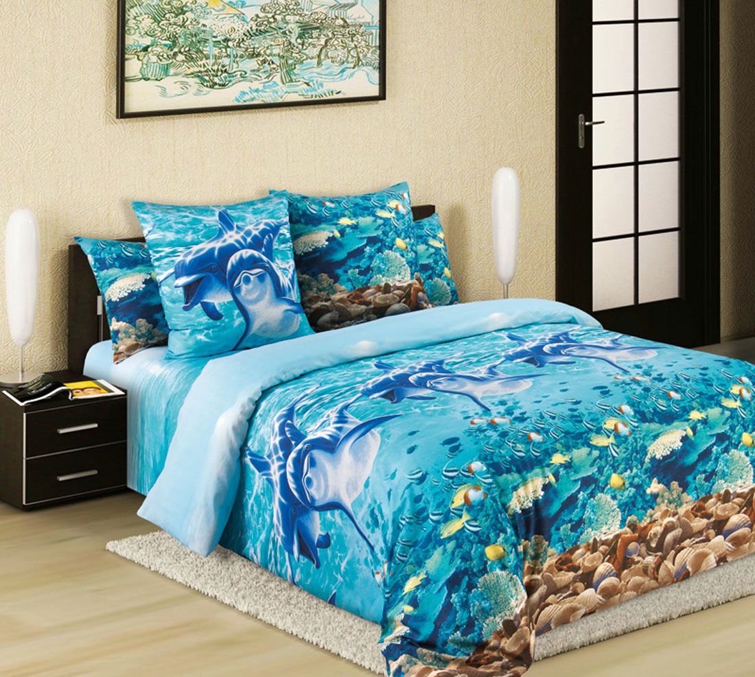 фото Комплект белья ТексДизайн "Дельфины", 1,5-спальный, наволочки 70х70, цвет: бирюзовый, синий, голубой Текс-дизайн