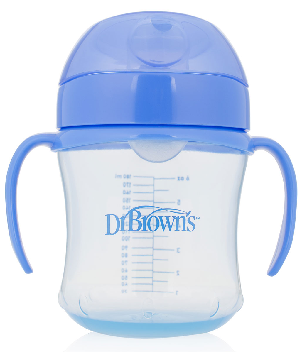 фото Dr. Brown's Чашка-непроливайка 180 мл с мягким носиком ручками и откидывающейся крышкой 6+ месяцев синяя