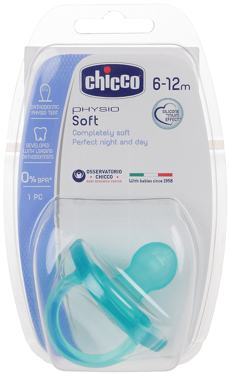 фото Chicco Пустышка силиконовая ортодонтическая Physio Soft от 6 до 12 месяцев цвет бирюзовый