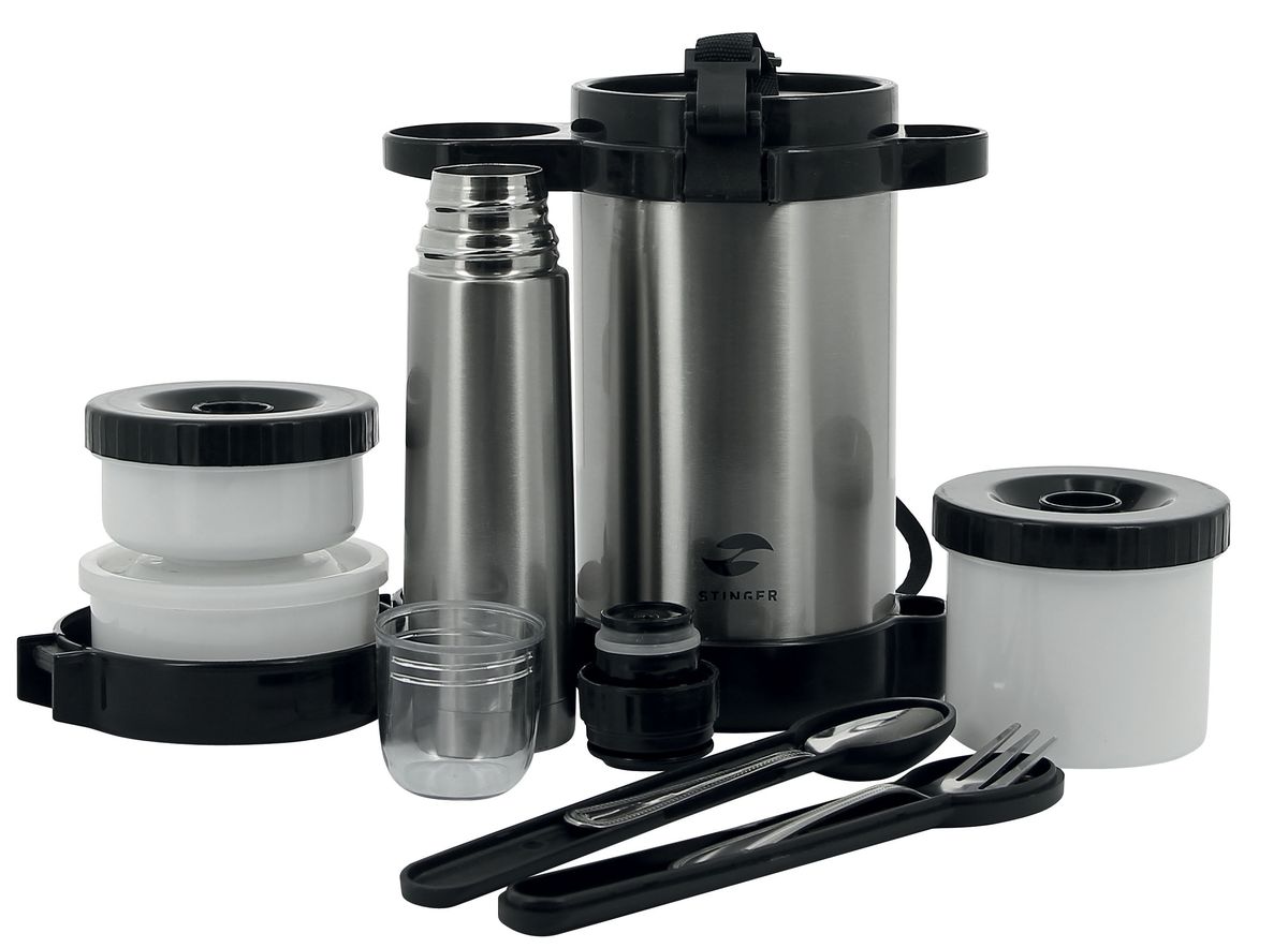 фото Термос пищевой "Stinger", с термосом для напитков, со столовыми приборами, с контейнерами, 1,5 л