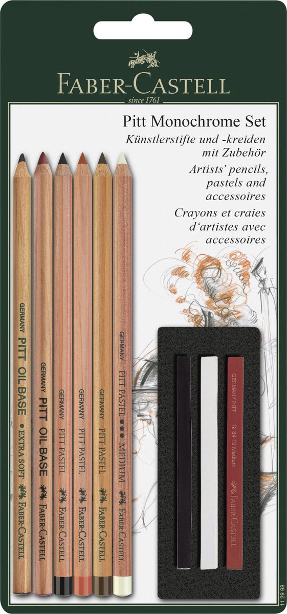 Faber-Castell Пастельные карандаши PITT и мелки PITT Monochrome в блистере 9 предметов Faber-Castell Пастельные карандаши PITT и мелки PITT Monochrome в блистере 9 предметов
