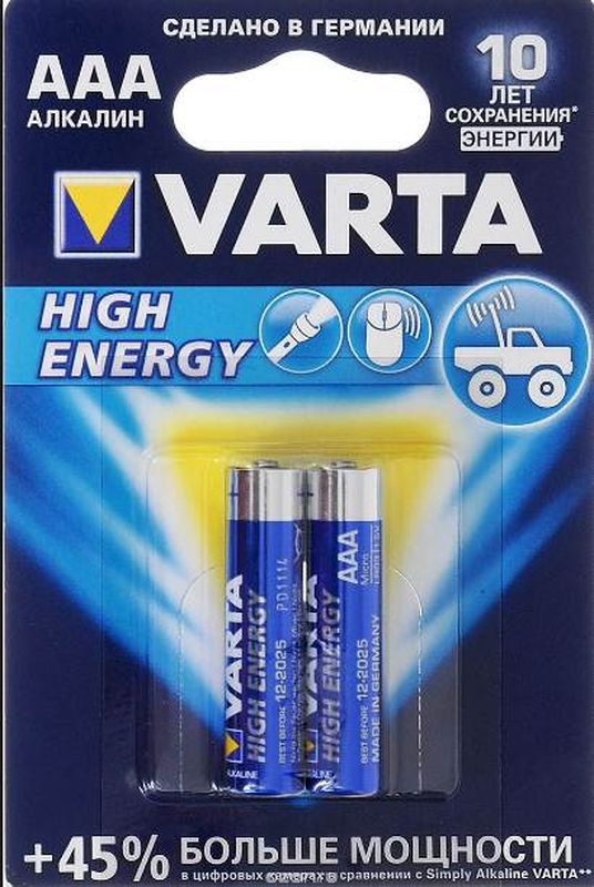 Характеристики Батарейка Varta "High Energy", тип AAA, 1,5В, 2 шт ...