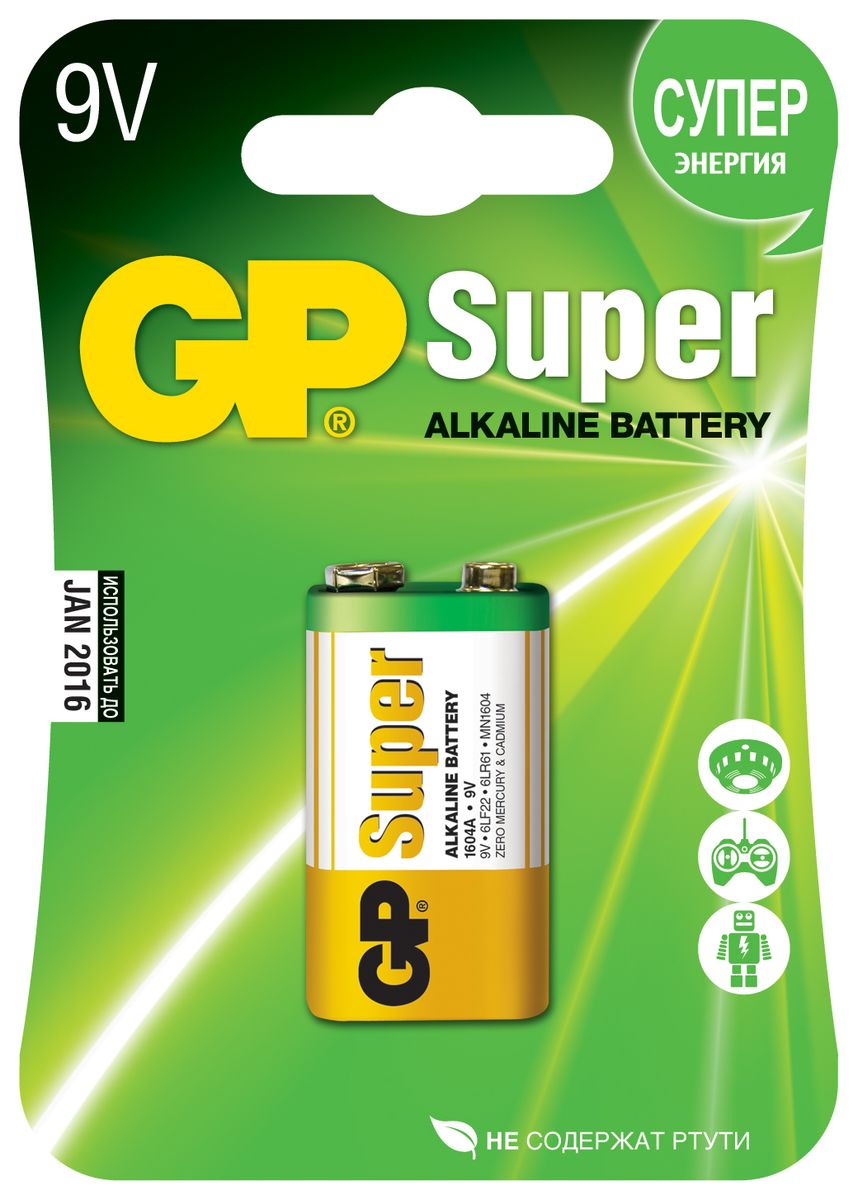 фото Батарейка алкалиновая GP Batteries "Super Alkaline", тип крона, 9V