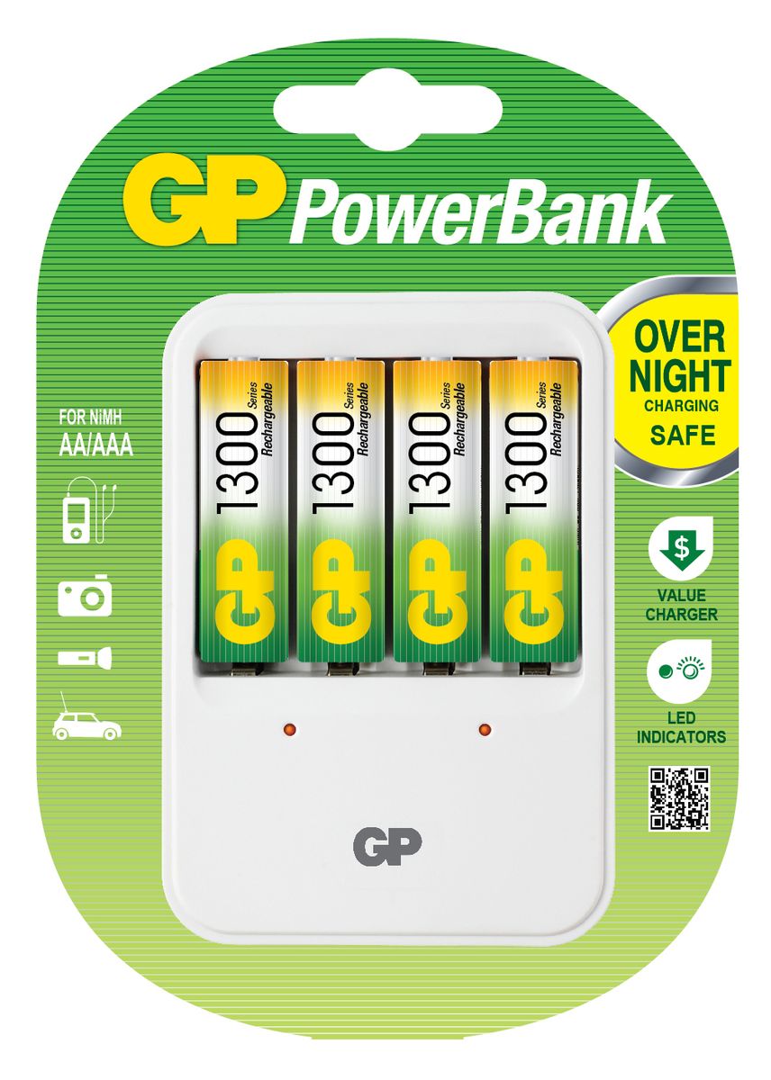 фото Устройство зарядное GP PowerBank, для заряда 4-х аккумуляторов типа АА, ААА + комплект из 4-х аккумуляторов NiMh, 1300 mAh, тип АА