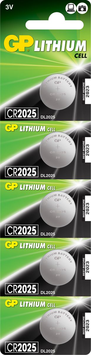 фото Батарейка литиевая "GP Batteries", тип СR2025, 3В, 5 шт