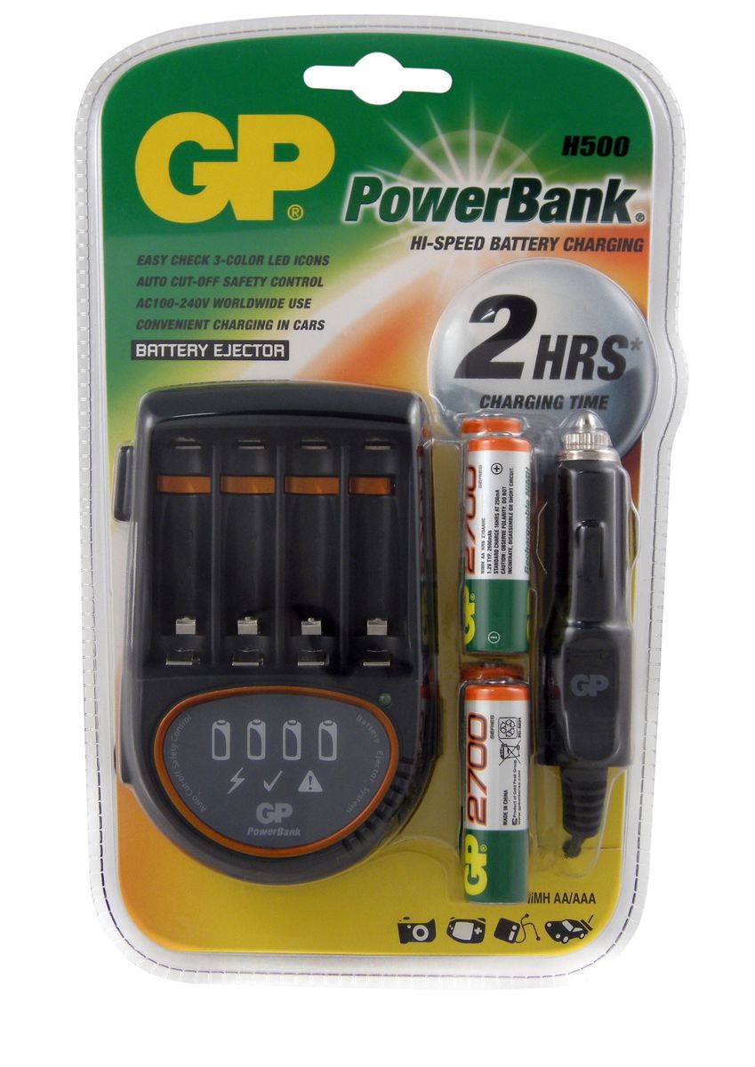 фото Зарядное устройство "GP Batteries" для заряда 4-х аккумуляторов типа АА, ААА + комплект из 4-х аккумуляторов NiMh, 2700 mAh, тип АА + автомобильный адаптер