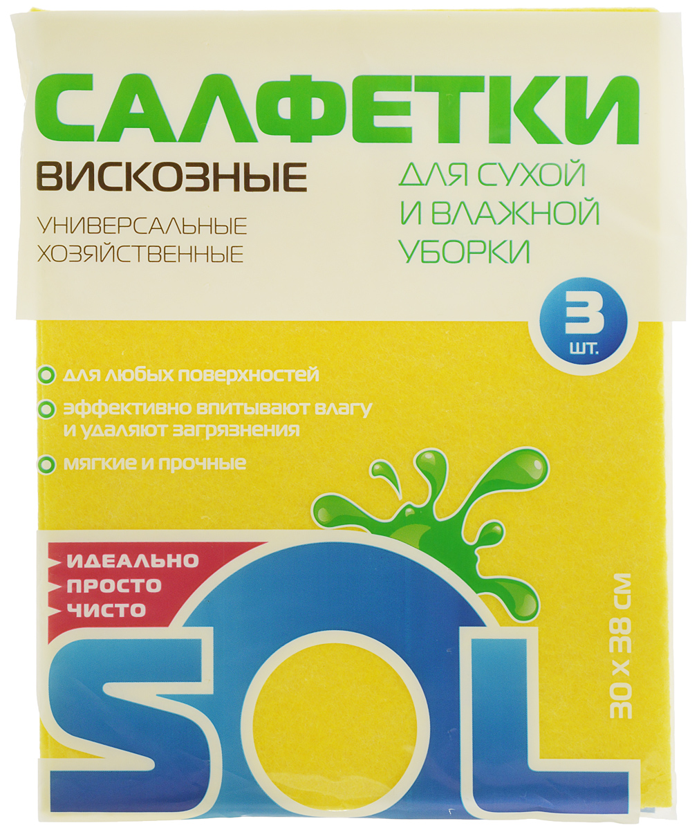 фото Салфетка для уборки "Sol" из вискозы, универсальная, цвет: желтый, 30 x 38 см, 3 шт