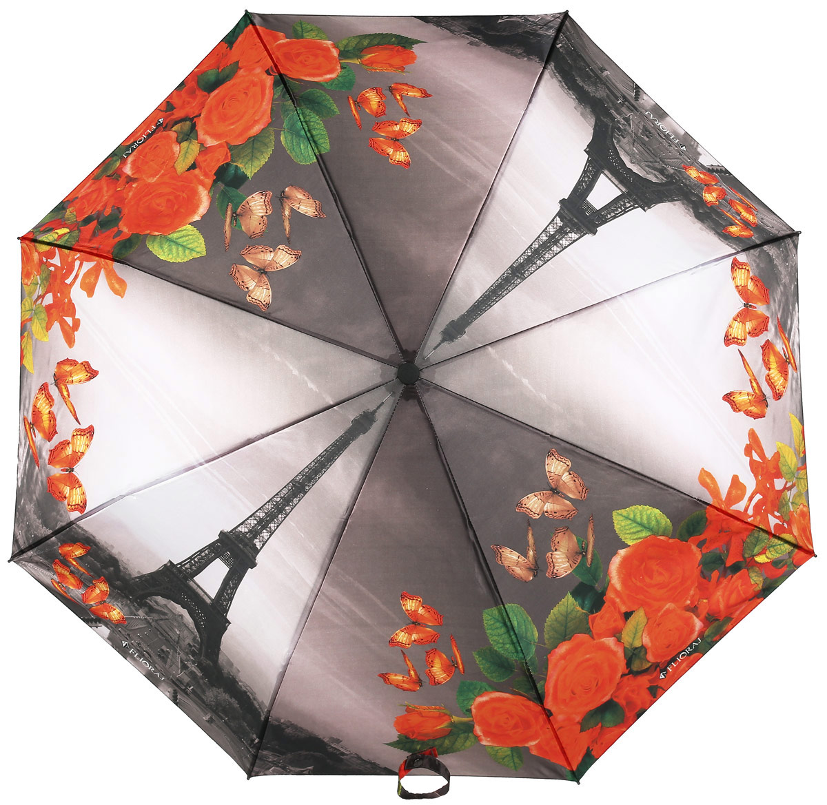 Зонт женский Flioraj, автомат, 3 сложения, цвет: серый, оранжевый. 231219 FJ