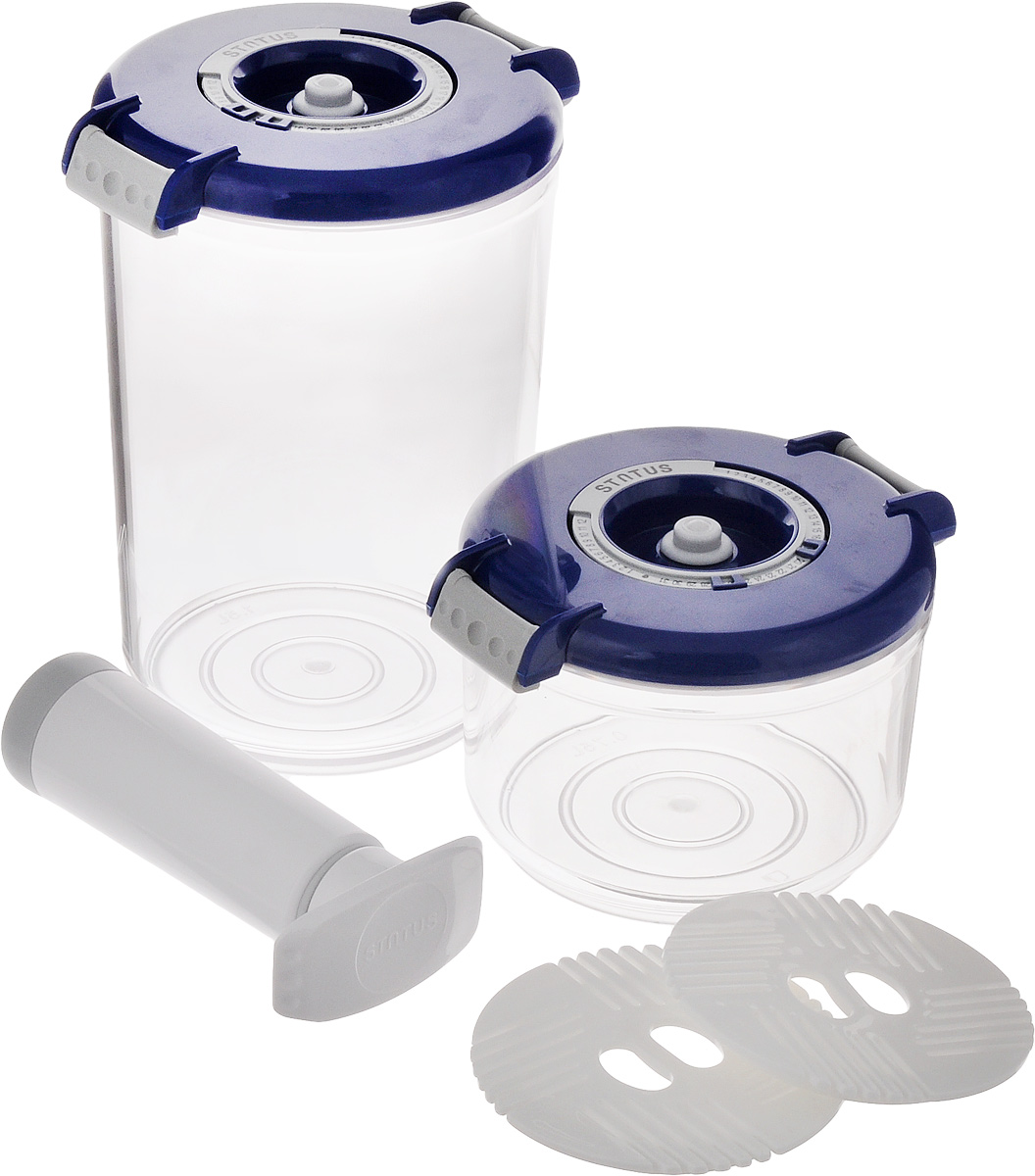 фото Набор вакуумных контейнеров "Status", цвет: прозрачный, синий, 2 шт + ПОДАРОК: Вакуумный ручной насос