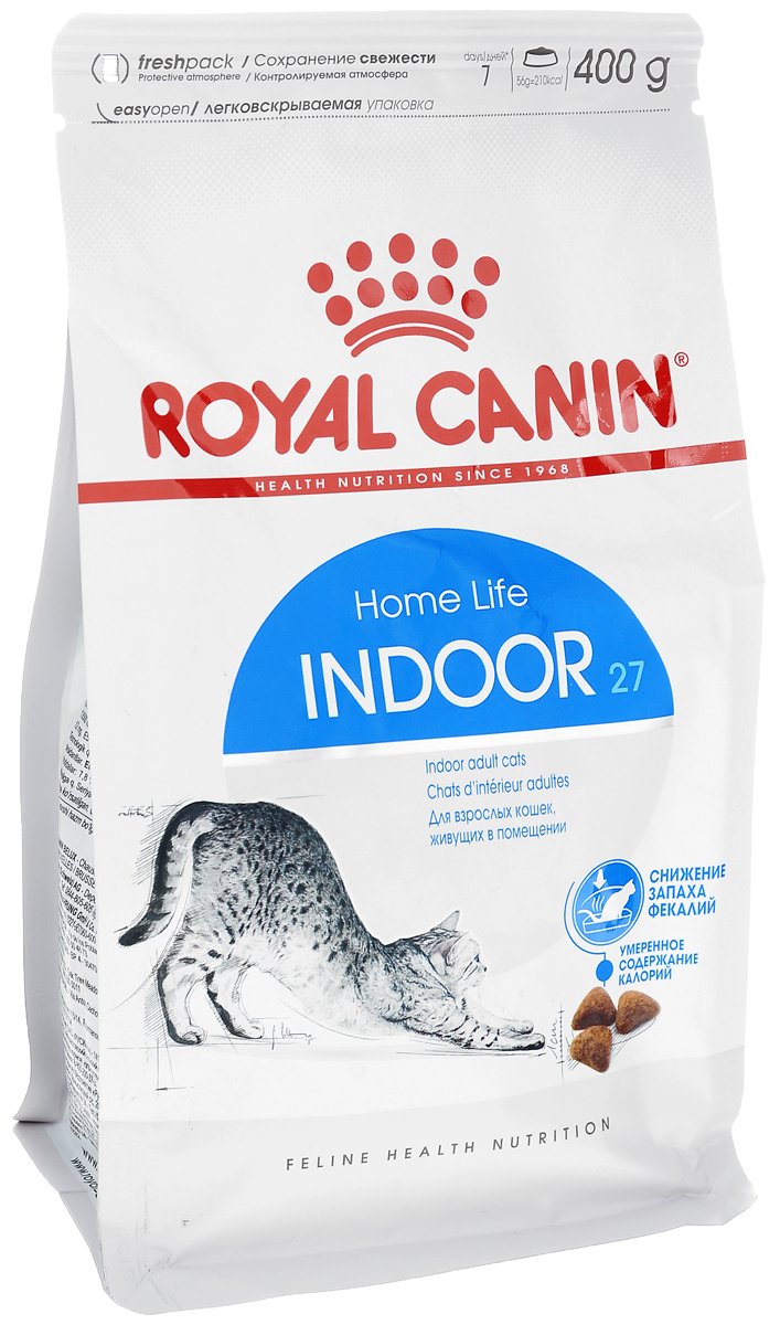 фото Корм сухой Royal Canin "Indoor 27", для кошек в возрасте от 1 года до 7 лет, живущих в помещении, для ослабления запаха фекалий, 400 г
