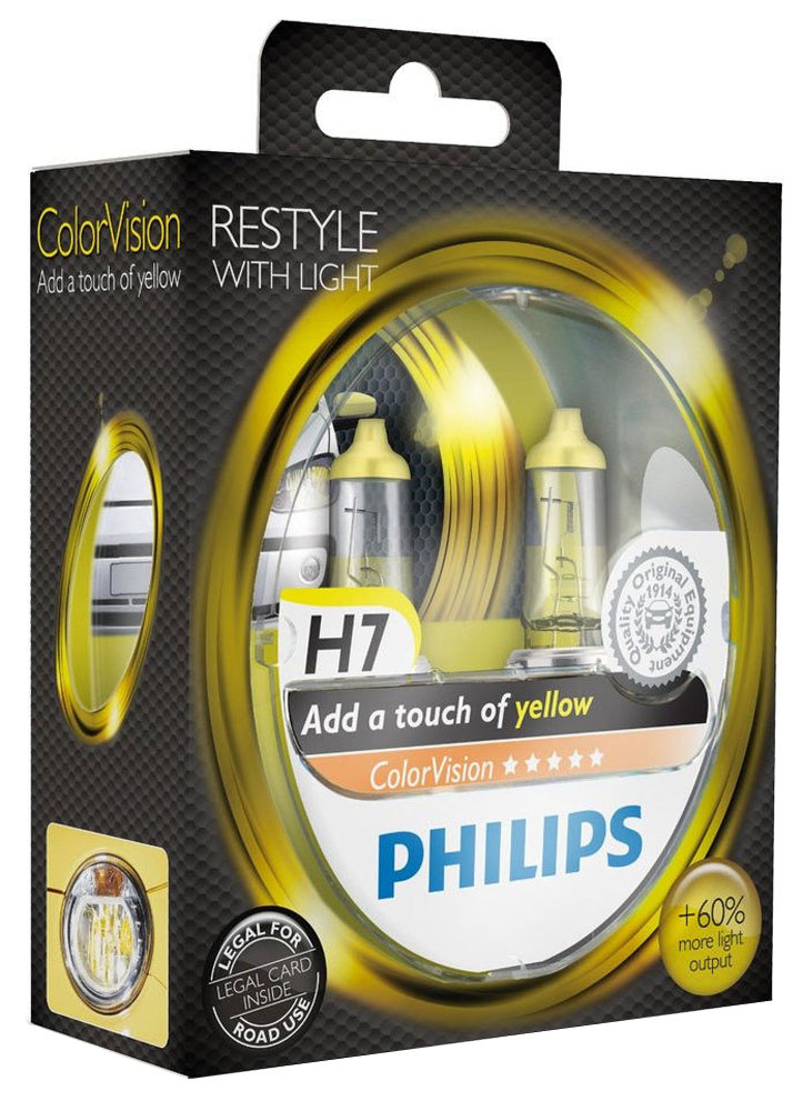 фото Лампа автомобильная галогенная Philips "ColorVision Yellow", для фар, цоколь H7 (PX26d), 12V, 55W, 2 шт