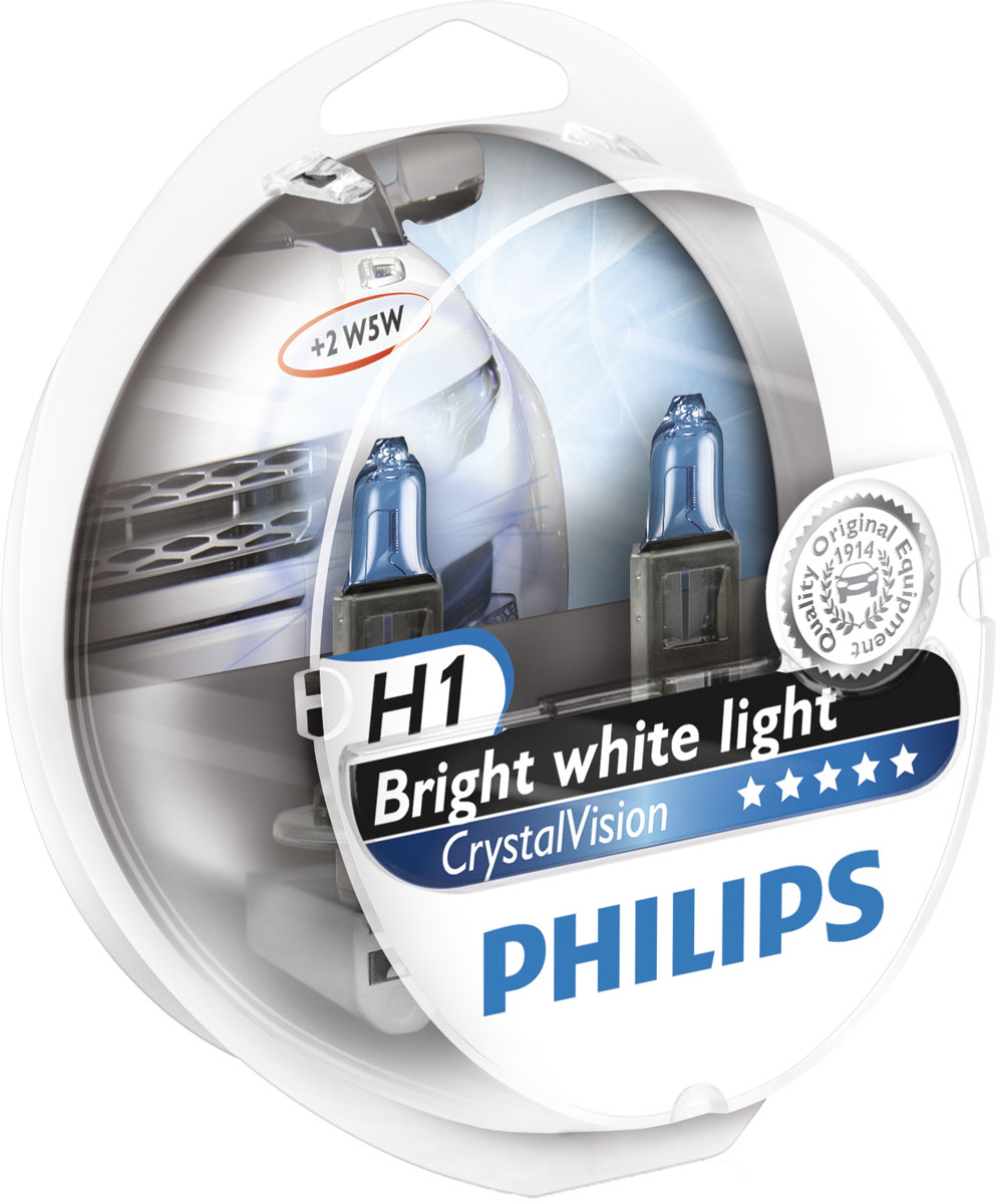 фото Лампа автомобильная галогенная Philips "CrystalVision", для фар, цоколь H1 (P14,5s), 12V, 55W, 2 шт + цоколь W5W, 12V, 5W, 2 шт