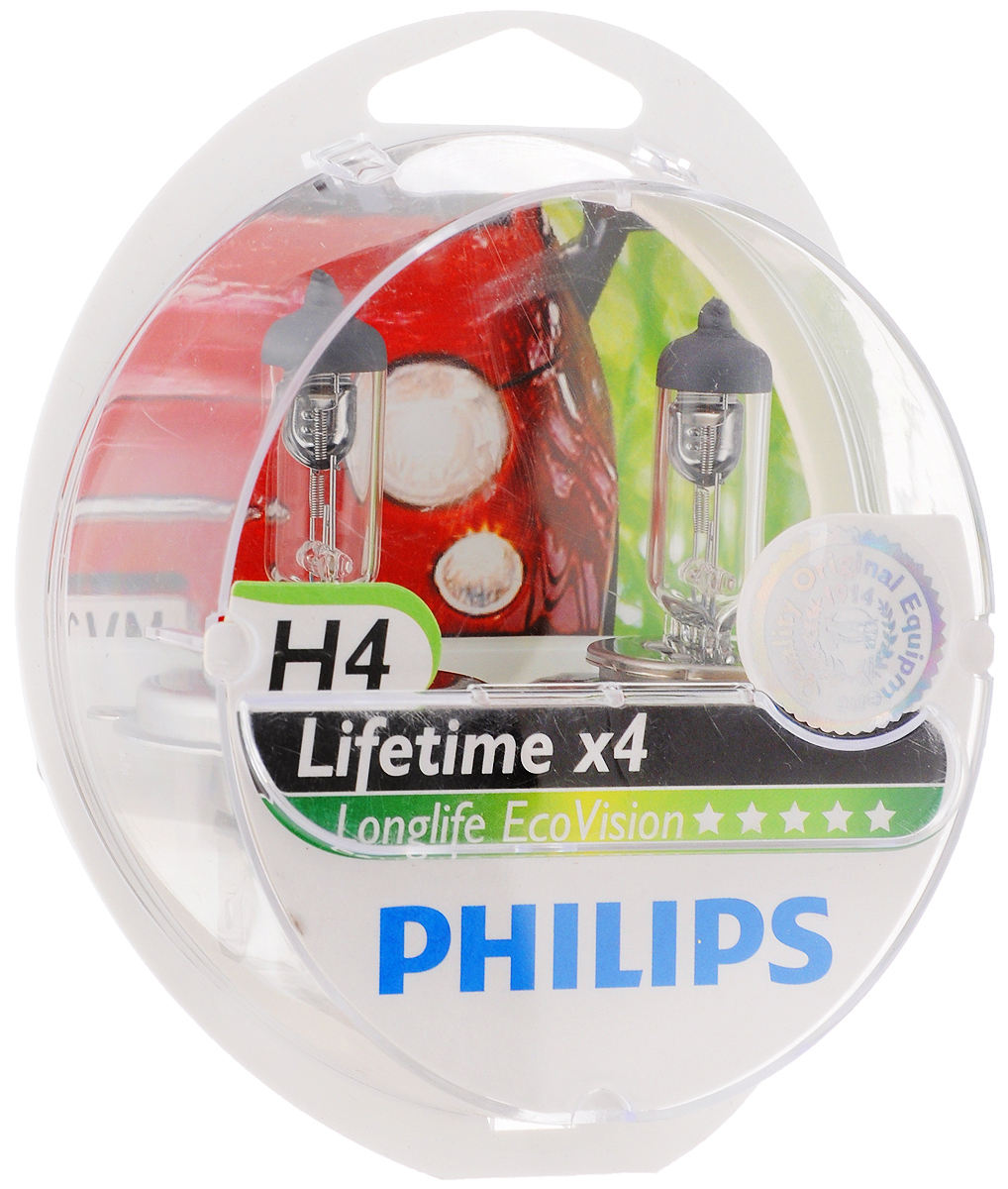 фото Лампа автомобильная галогенная Philips "LongLife EcoVision", для фар, цоколь H4 (P43t-38), 12V, 60/55W, 2 шт