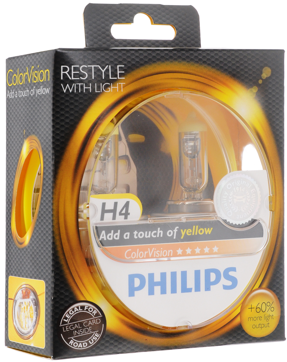 фото Лампа автомобильная галогенная Philips "ColorVision Yellow", для фар, цоколь H4 (P43t), 12V, 60/55W, 2 шт