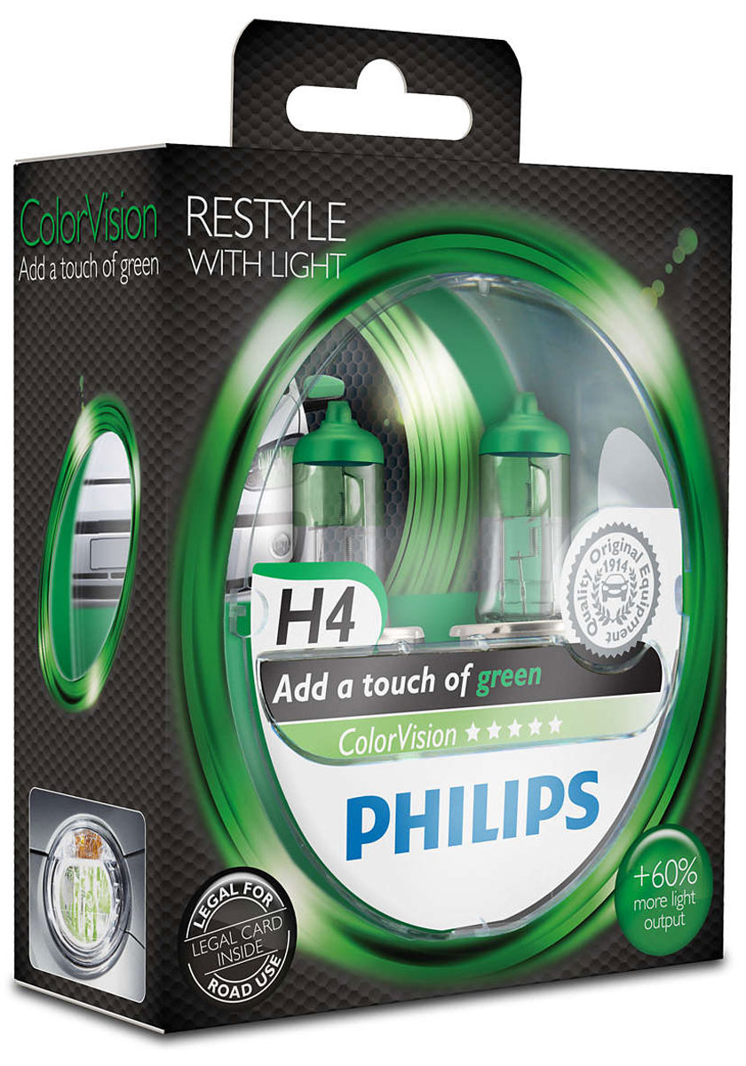 фото Лампа автомобильная галогенная Philips "ColorVision Green", для фар, цоколь H4 (P43t), 12V, 60/55W, 2 шт