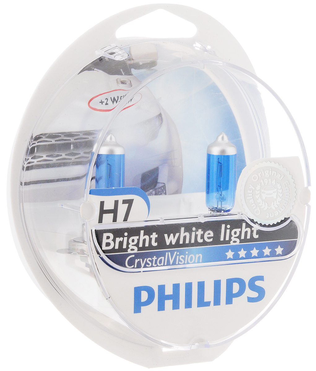 фото Лампа автомобильная галогенная Philips "CrystalVision", для фар, цоколь H7 (PX26d), 12V, 55W + цоколь W5W, 12V, 5W, 2 + 2 шт