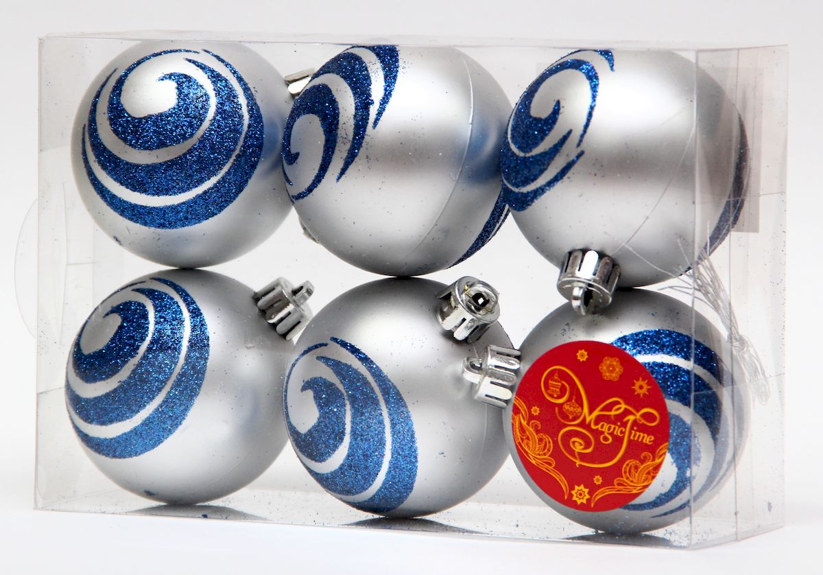 фото Украшение новогоднее подвесное Magic Time "Шар серебряный с синими волнами", диаметр 6 см, 6 шт