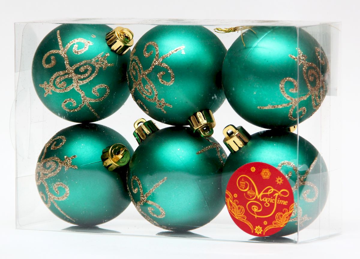 фото Украшение новогоднее подвесное Magic Time "Шар зеленый с золотым рисунком", диаметр 6 см, 6 шт